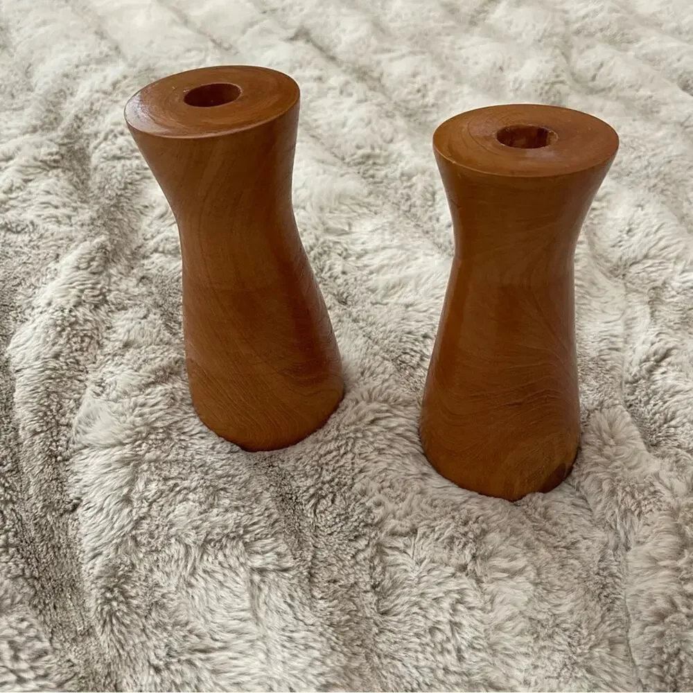2 Vintage Wooden‎ Cozy Candlestick Holders